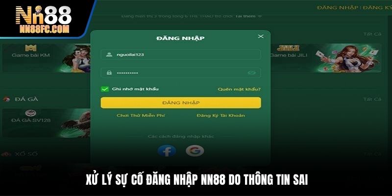 Xử lý sự cố đăng nhập NN88 do thông tin sai